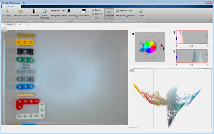 Abb. 9: Matlab-App Color Thresholder zum Erstellen von Farbmasken für spezielle Farben