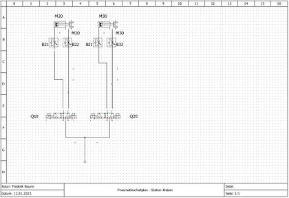 Schaltplan - Pneumatik Der Pneumatikschaltplan gibt die Verschaltung aller pneumatischen Komponenten wieder. Im Vordergrund stehen dabei die zwei Pneumatikzylinder mit aufgeschraubten Drosselrückschlagventilen und die Ventilinsel, welche diese Zylinder ansteuert.