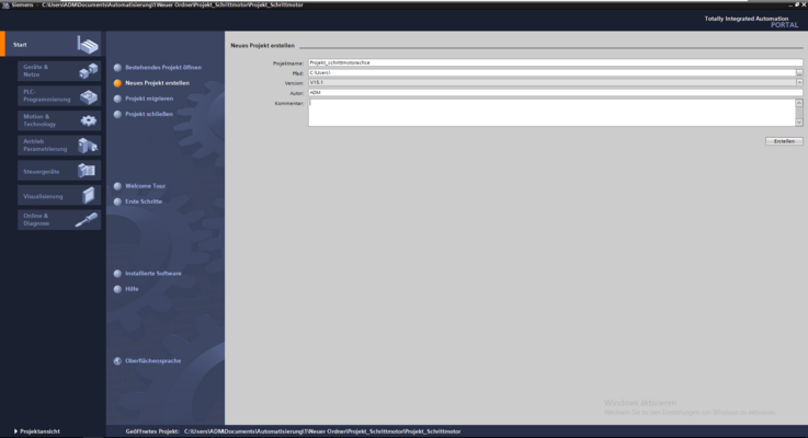 Damit die Schrittmotorachse mithilfe des TIA Portals programmiert werden kann, muss zuerst in dem TIA Portal von Siemens ein neues Projekt erstellt werden. Für dieses Projekt wird der Projektname "Projekt_Schrittmotorachse" vergeben. Durch das Klicken auf "Erstellen" wird diese Projekt erstellt.