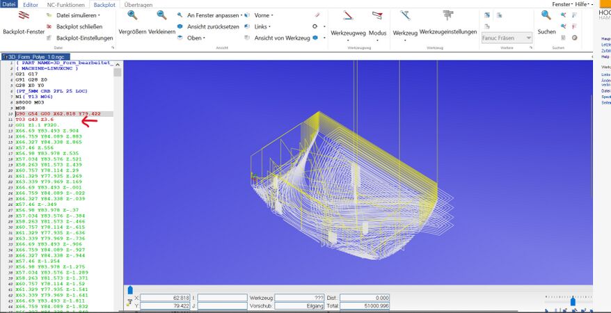 Abb.28: Der G-Code (rot markiert) samt simultan durchlaufenen Werkzeugwegen (gelbe Linien). Der Code lässt sich interaktiv bearbeiten [27]