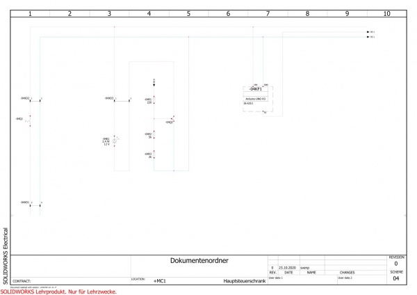 Auf der ersten Seite des Schaltplans ist die Spannungsversorgung dargestellt. Die Lampe wird über in 12 V-Netzteil mit einem Rundstecker versorgt. Von dort aus kann die Versorgung noch einmal über einen Schalter unterbrochen werden von dem aus dann die Platine versorgt wird. An die 12 V sind der Transistor zum schalten der LED und der Arduino angeschlossen, der die Spannung intern auf 5 V herunterregelt. [16]