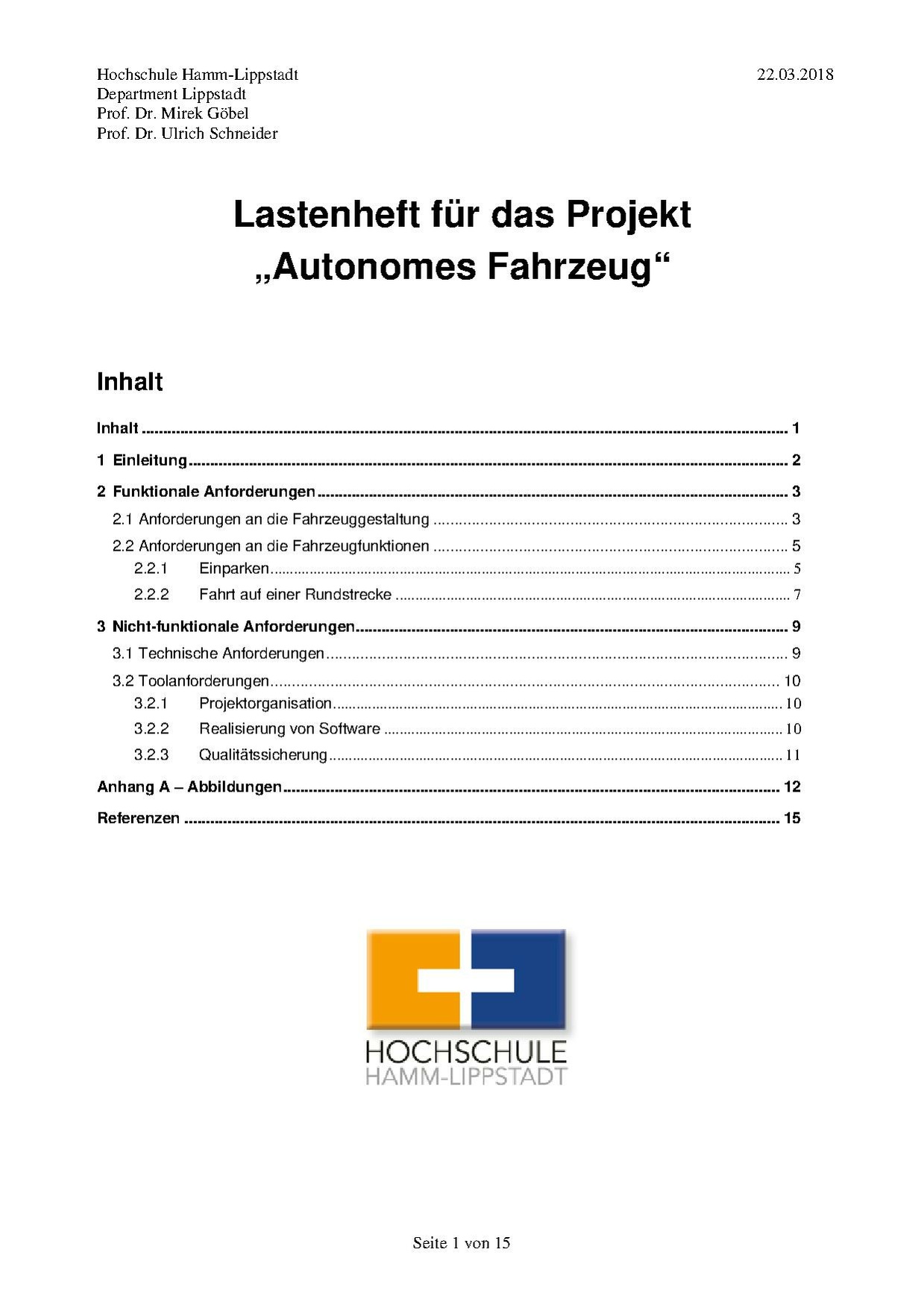 Lastenheft für das Projekt „Autonomes Fahrzeug“