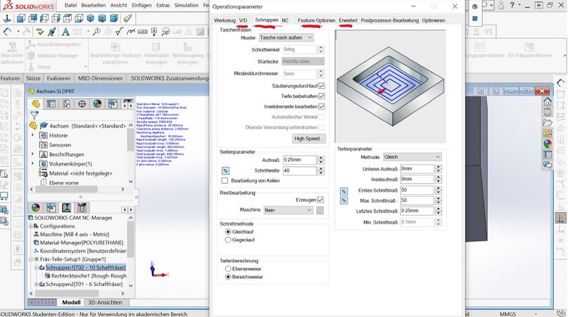 Abb.19: Markiert sind die wichtigsten Parameter, zur Beeinflussung des Fräsvorgangs. Die bereits vorhandenen Standardeinstellungen sind für unser Praktikum in der Regel aber schon völlig ausreichend! [18]