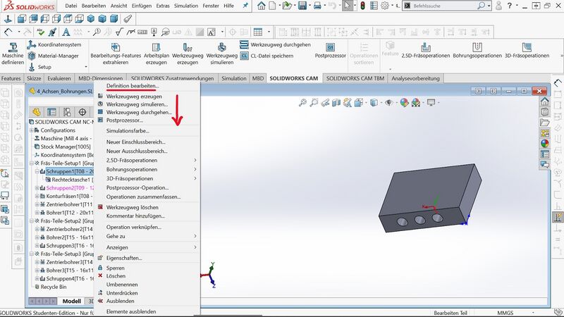 Abb.18: Die einzelnen Arbeitsschritte lassen sich anpassen. Auch für das komplette Werkstück erstellte Schritte wie "Werkzeugweg erzeugen" lassen sich einzeln anpassen (mit Pfeil markiert). [17]