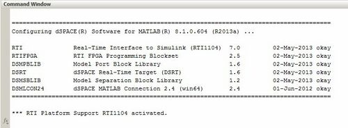 Command Window nach Initialisierung dSpace RTI